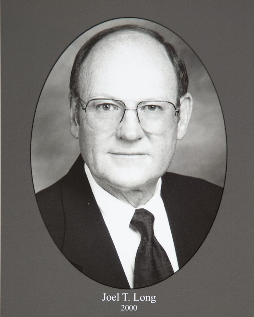 Black-and-white portrait of Joel T. Long in a suit, framed by an oval border with his name and year beneath.