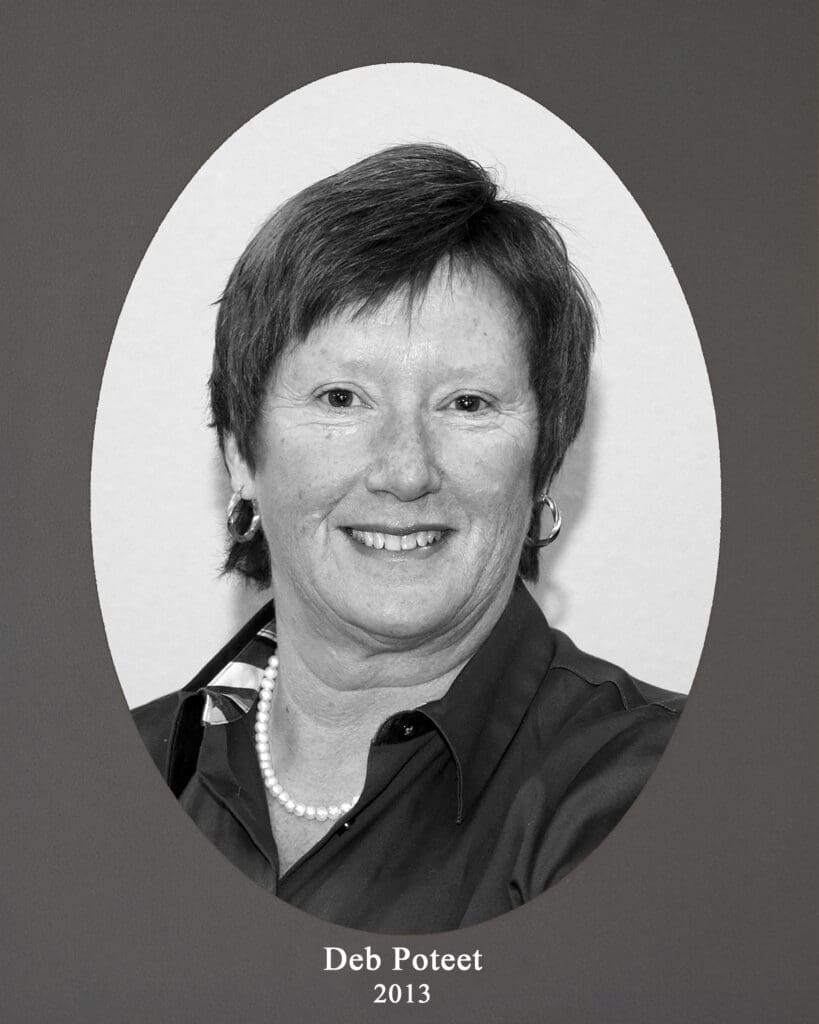 Portrait of Deb Poteet in an oval frame on a gray background, captioned Deb Poteet 2013.