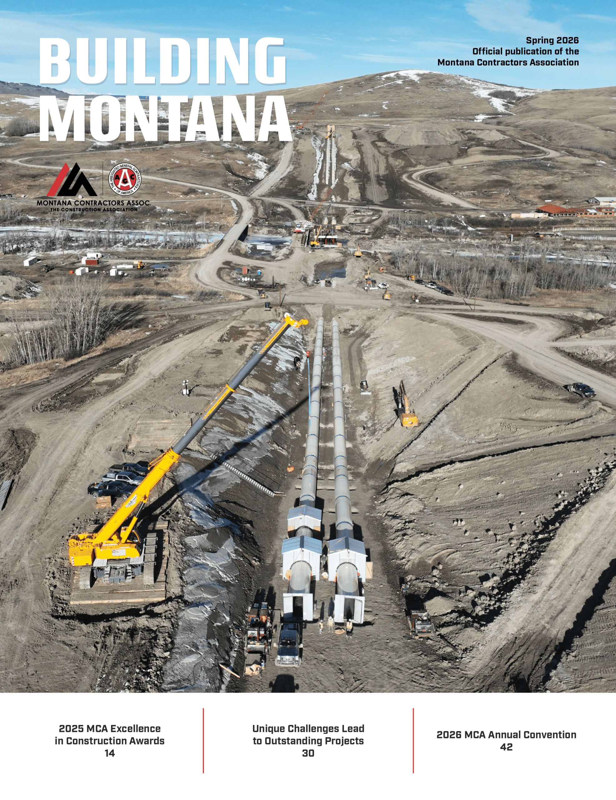 cover - Montana Contractors Association Aerial view of a large construction site with pipelines and cranes, overlaid by the title BUILDING MONTANA and contractor logos.