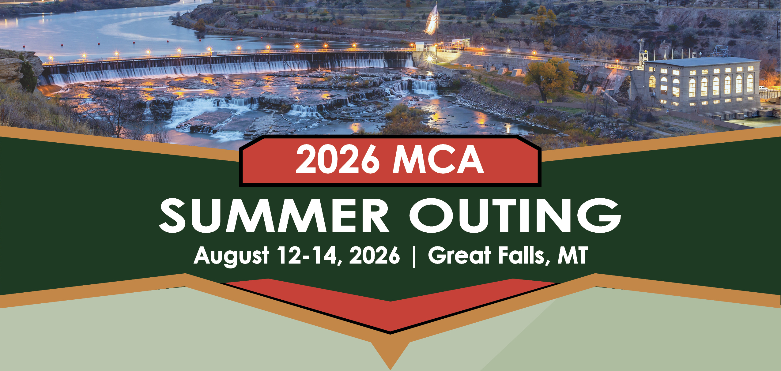 Banner promoting the 2026 MCA Summer Outing in Great Falls, MT, August 12–14, with a river dam photo in the background.