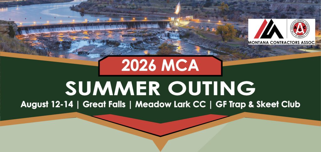 Banner advertising the 2026 MCA Summer Outing by the Montana Contractors Association, with a dam/river scene and event details on the banner.